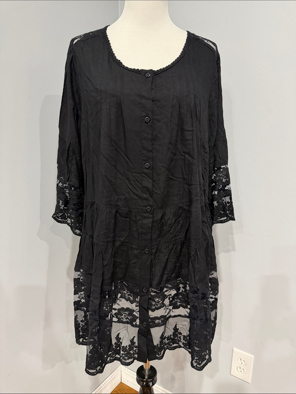 Denim 24/7 Black Lace-Trim Button Front Tunic
